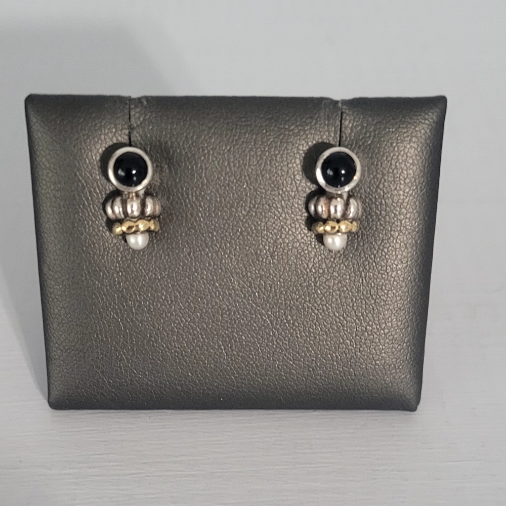 LAGOS Two-Tone Onyx&Pearl Small Post Back Earrings